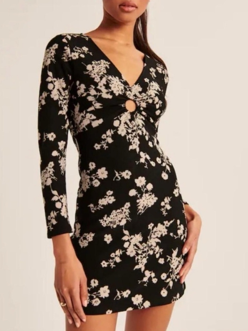 Abercrombie & Fitch Long Sleeve Black & Cream Floral O-Ring Front Mini Dress XS